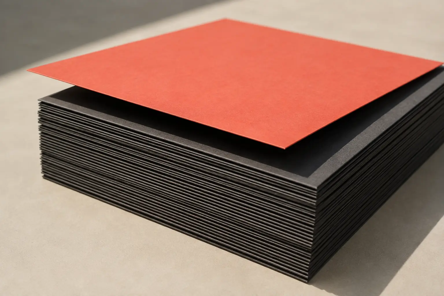 A coral record sleeve lifted above an anonymous dark stack